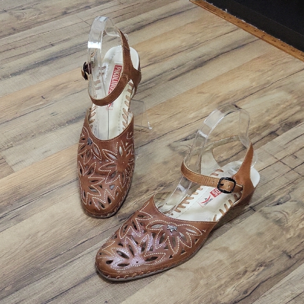 PIKOLINOS Brown Leather Ankle Strap Perforated Laser Cut Mary Jane Shoe